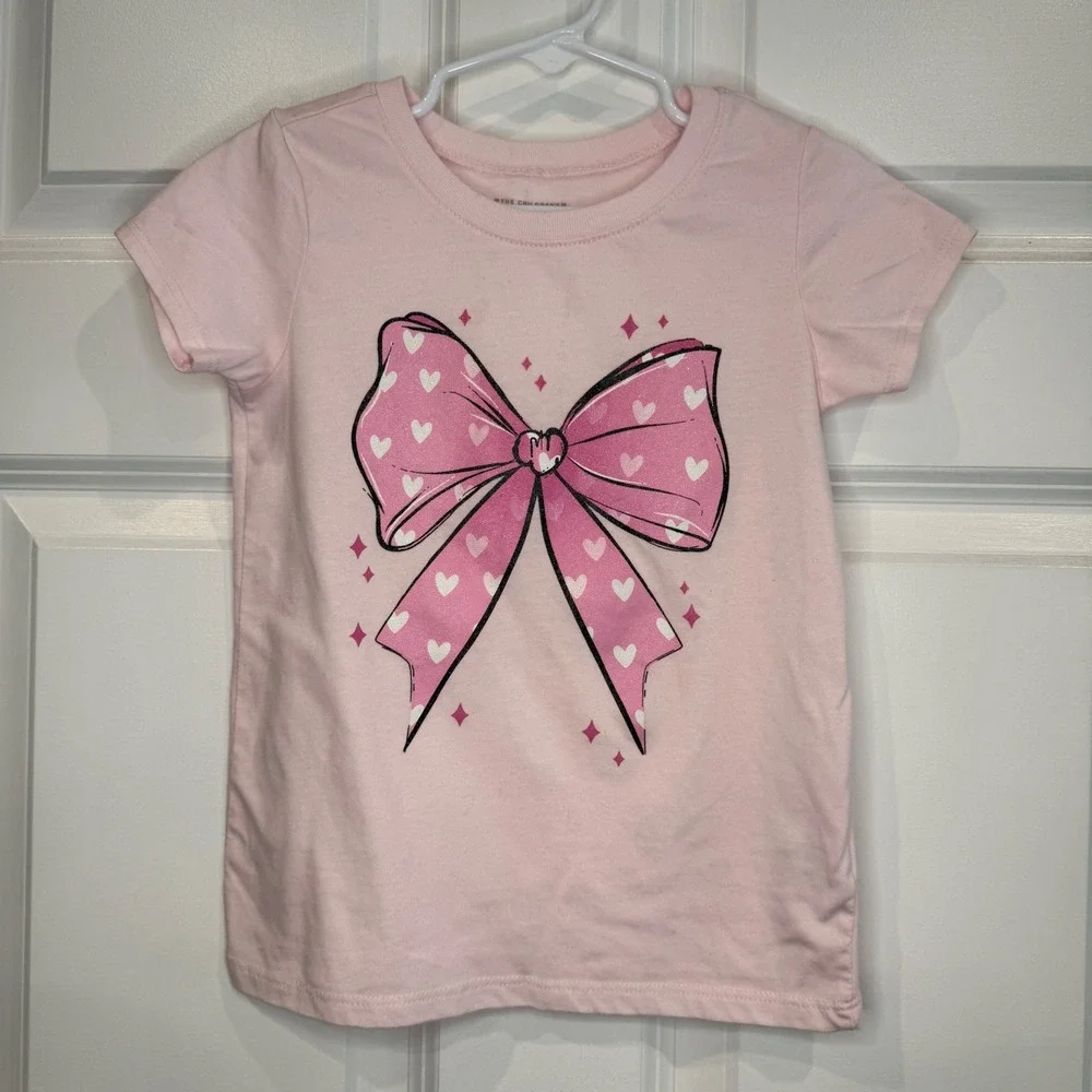 The Childrens Place Girls Pink Bow Graphic T-Shirt Hearts Glitter Size 5T